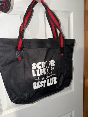 Black Tote Bag with Red-Trim Handles - Scrub Life Graphic